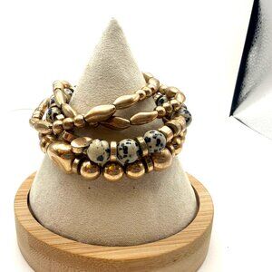 Boho Gold Tone Stretch Bracelet Set Dalmatian Jasper Style Beaded Stackable 4pc